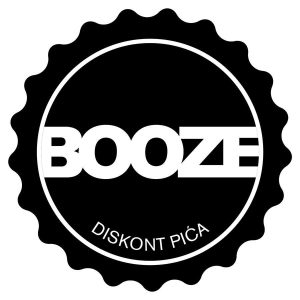 Booze discount logo, black and white, circular badge with 